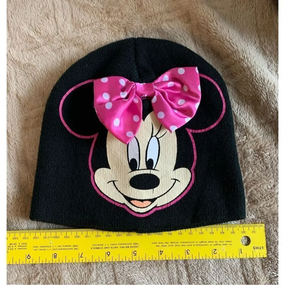 Disney Girls OS Black MINNIE MOUSE Knit Hat Pink Polka Dot‎ Bow kids winter cap